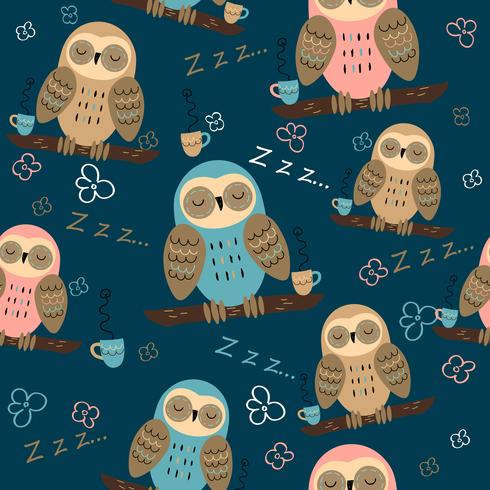 Seamless pattern. Owls dream. Cute style. Pajama fabric. Vector