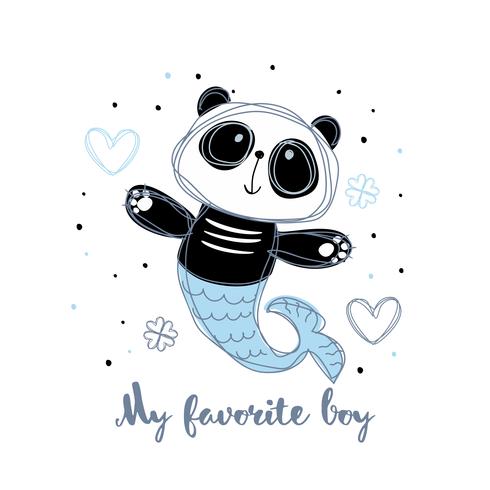 Panda mermaid. Panda boy. My favorite boy. Inscription. Vector