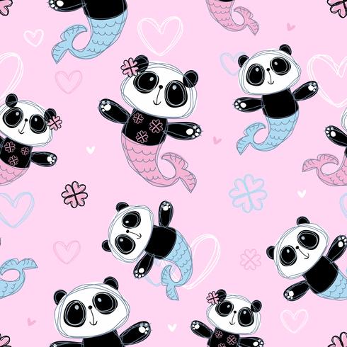 Seamless pattern. Cute Panda mermaid on pink background. Vector