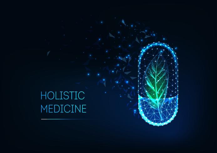 Concepto de medicina holística con píldora de cápsula poligonal baja futurista brillante y hoja verde. vector