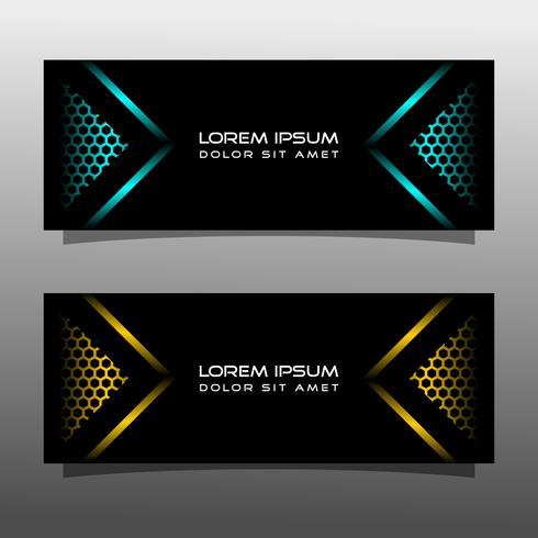Abstract black banner technology concept design. Glossy gold and blue color vector