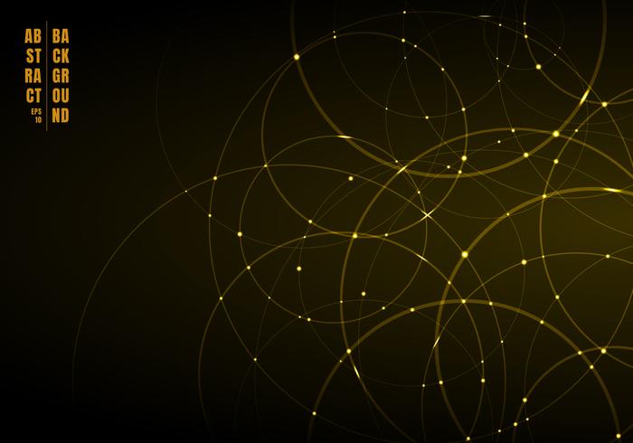 Abstract gold neon circles with light overlapping on black background. vector