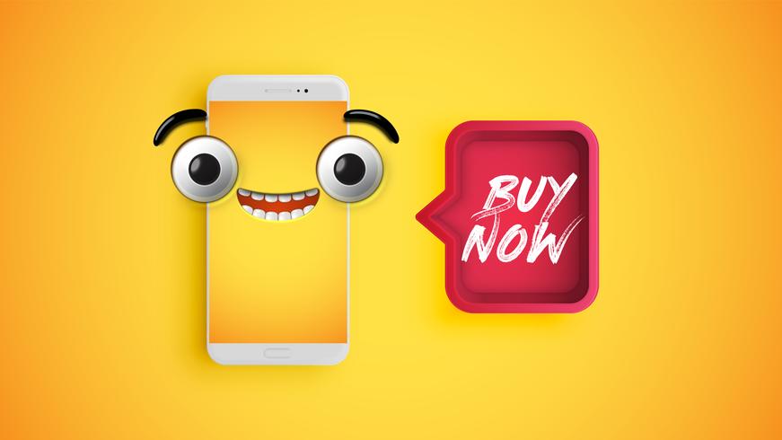 High detailed yellow emoticon on a smartphone with a red speech bubble, vector illustration