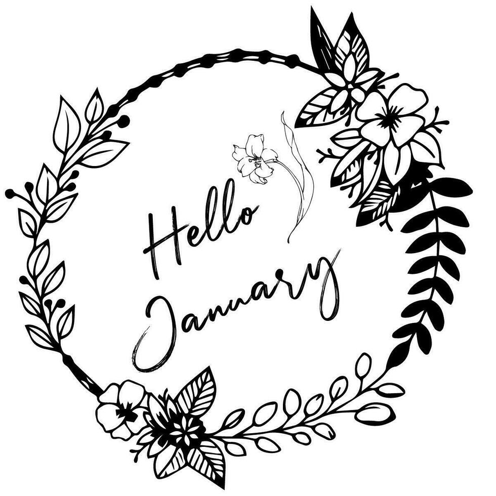 Hello January Lettering with Flowers vector