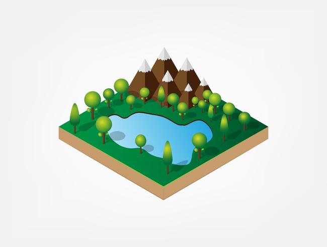 Isométrico 3d de montaña natural y lago en bosque. Paisaje natural. Día mundial del medio ambiente. ecología y ecología vector