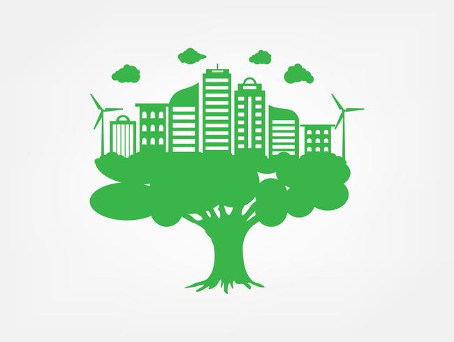 Hierba verde y árbol con eco amigable y el concepto de ecología. Naturaleza verde ciudad y mundo ambiental. vector