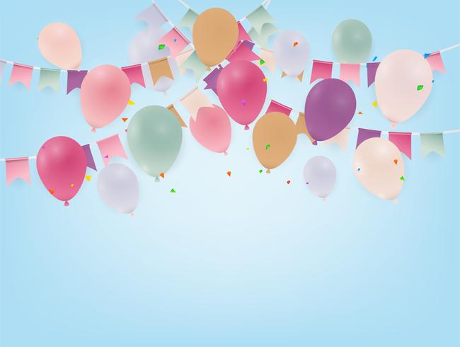 Cartel de cumpleaños con globos. Banderas y confeti coloreados en fondo azul. vector