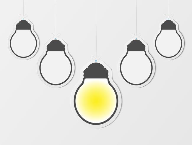 Business creativity inspiration and ideas concepts with lightbulb. Blank hanging frames. Empty light bulb on light wall bakcground. paper art design. vector