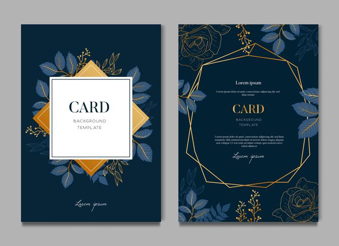 Navy Blue Card With Golden Leaves Card and Wedding Invitation Template vector