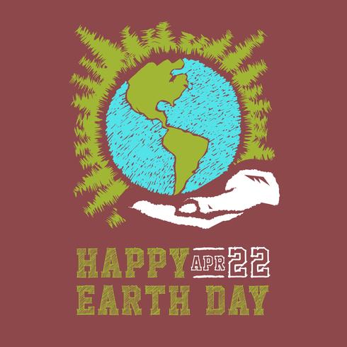 Vector hand drawn Earth day concept sketch. Human hands holding globe with background of stars. Lettering Earth day