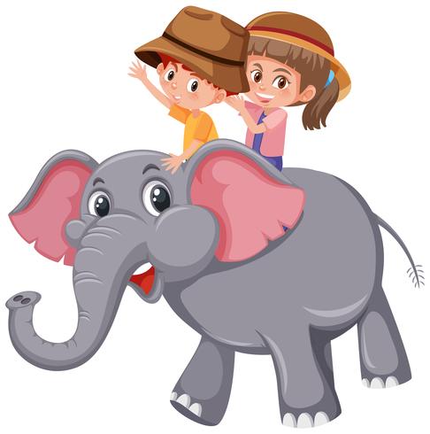 Children riding elephant on white background vector