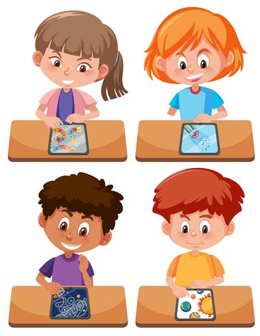 Group of student playing tablet vector