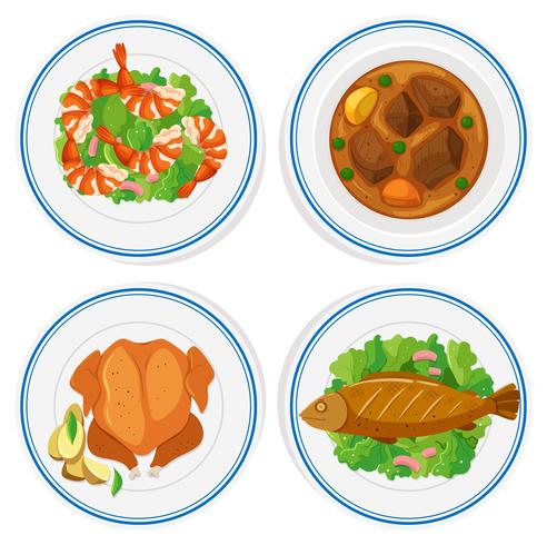 Set of different food on round plates vector