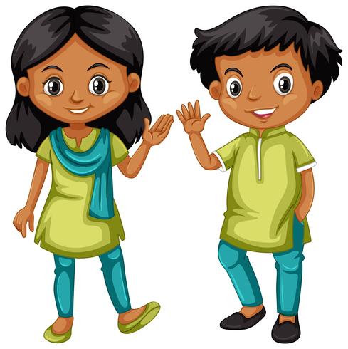 Niño y niña de la India en traje verde y azul. vector