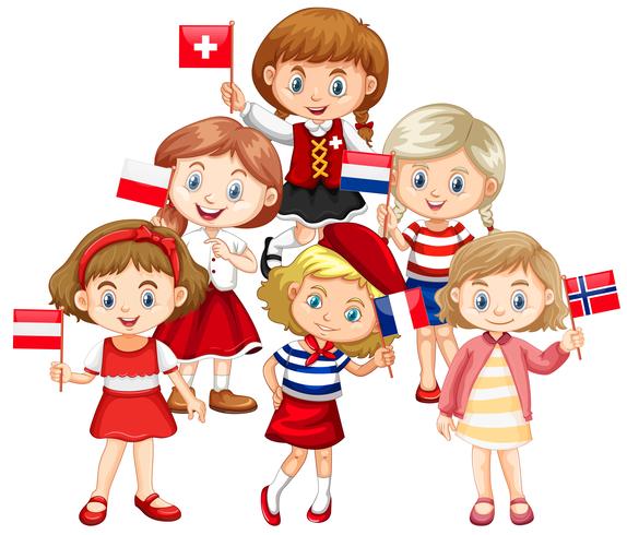 Niños con banderas de diferentes países. vector