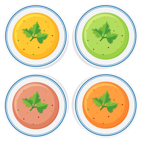 Diferentes tipos de sopa en cuencos. vector