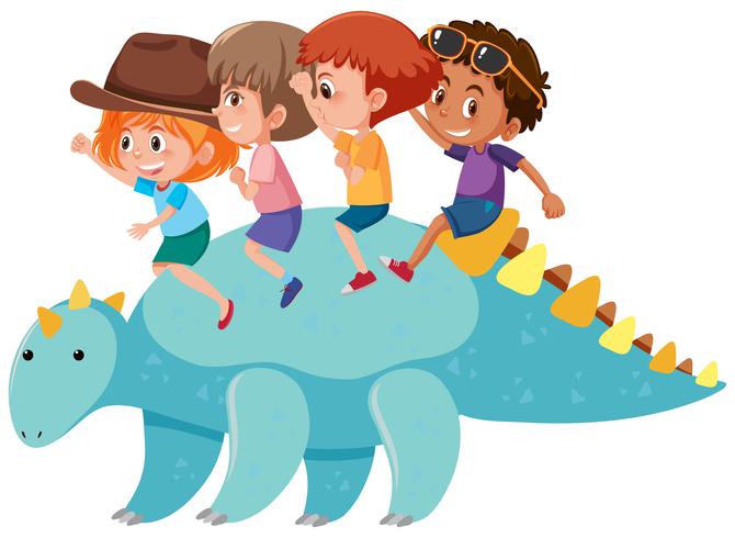 Children riding a dinosaur vector