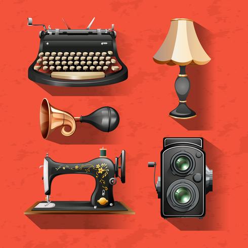 Vintage items on red background vector