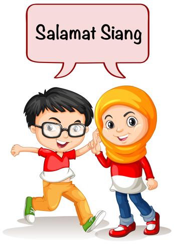 Niño y niña saludando en lengua indonesia vector