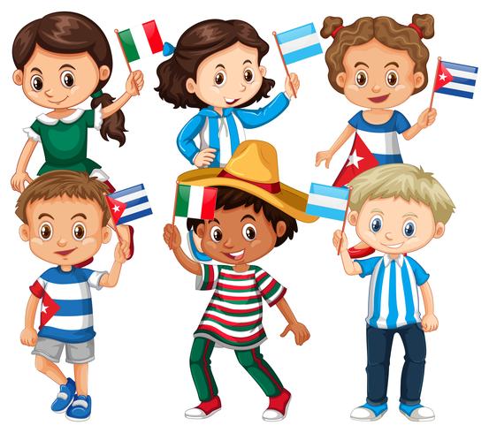 Muchos niños con bandera de diferentes países. vector