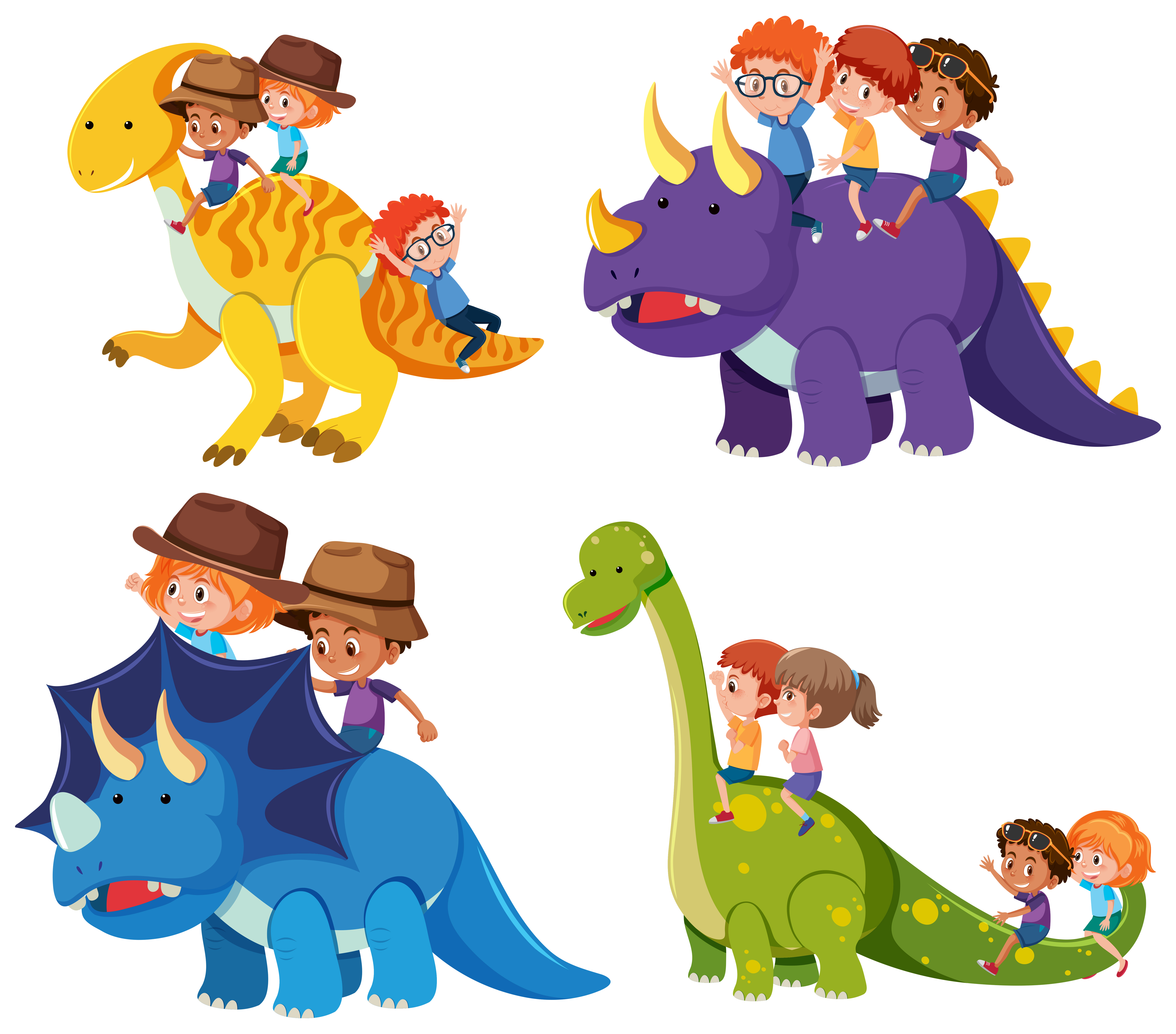 Children ride dinosaur on white background 605517 Vector Art at Vecteezy
