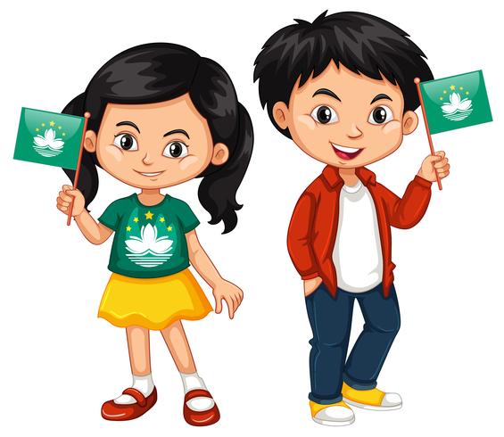 Niño y niña sosteniendo la bandera de Macao vector