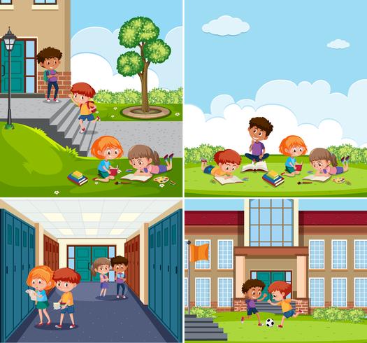 Conjunto de niños en escenas escolares. vector