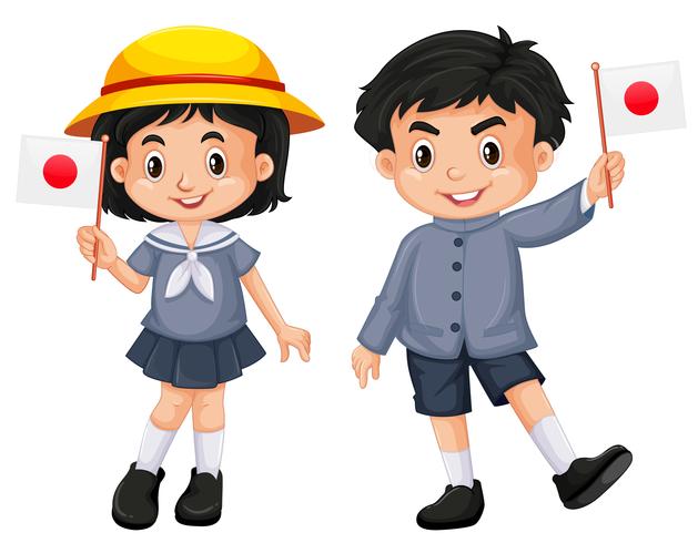 Japanese girl and boy holding flag vector