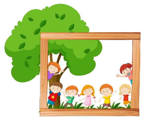 Kids in wooden frame scene vector