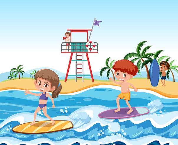 Niños surfeando en las olas. vector