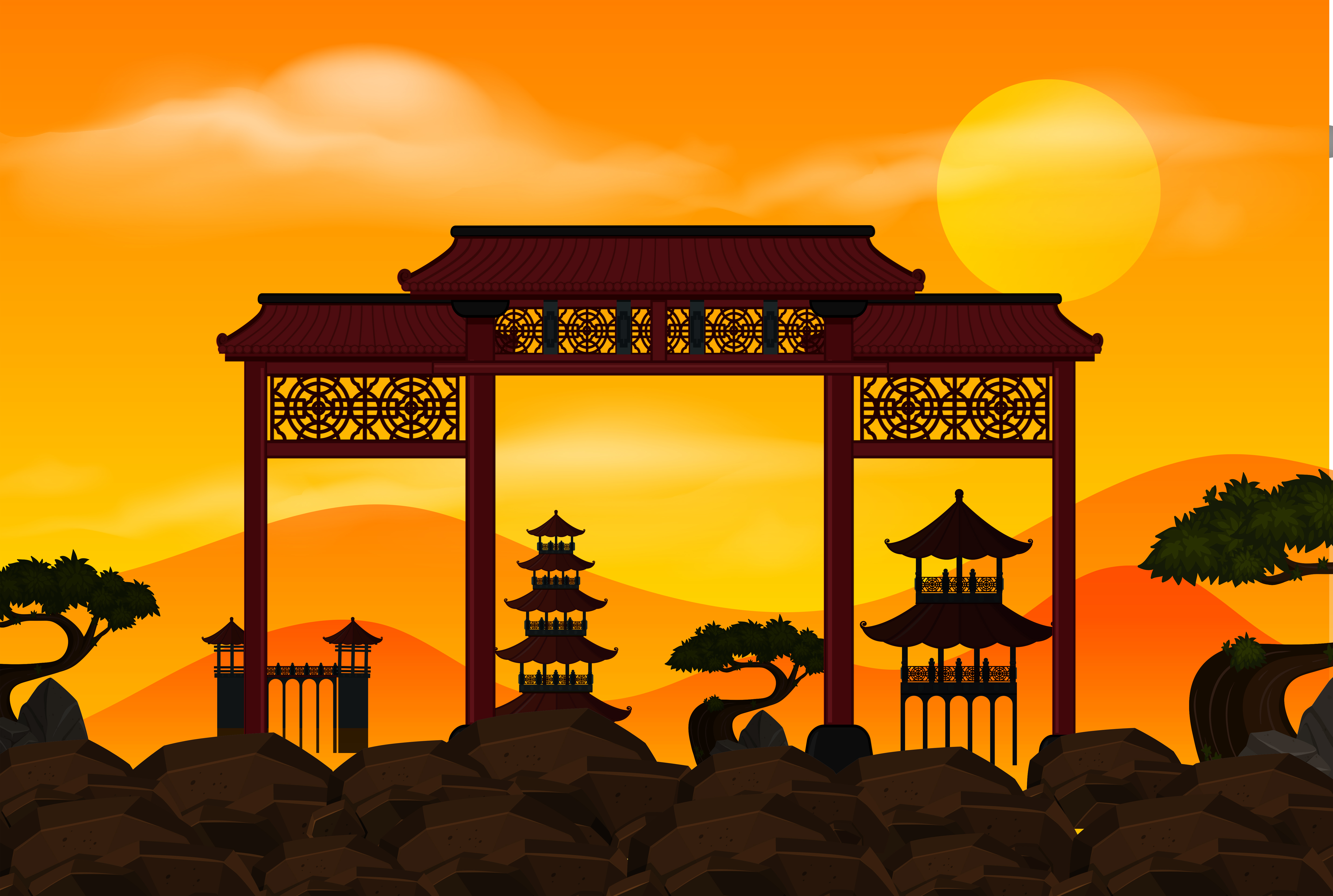 Chinese gate on the rock at sunset 605709 - Download Free Vectors