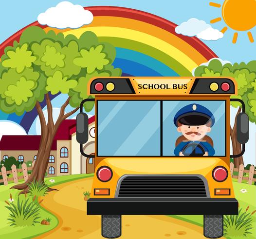 Bus driver driving schoolbus on the road vector