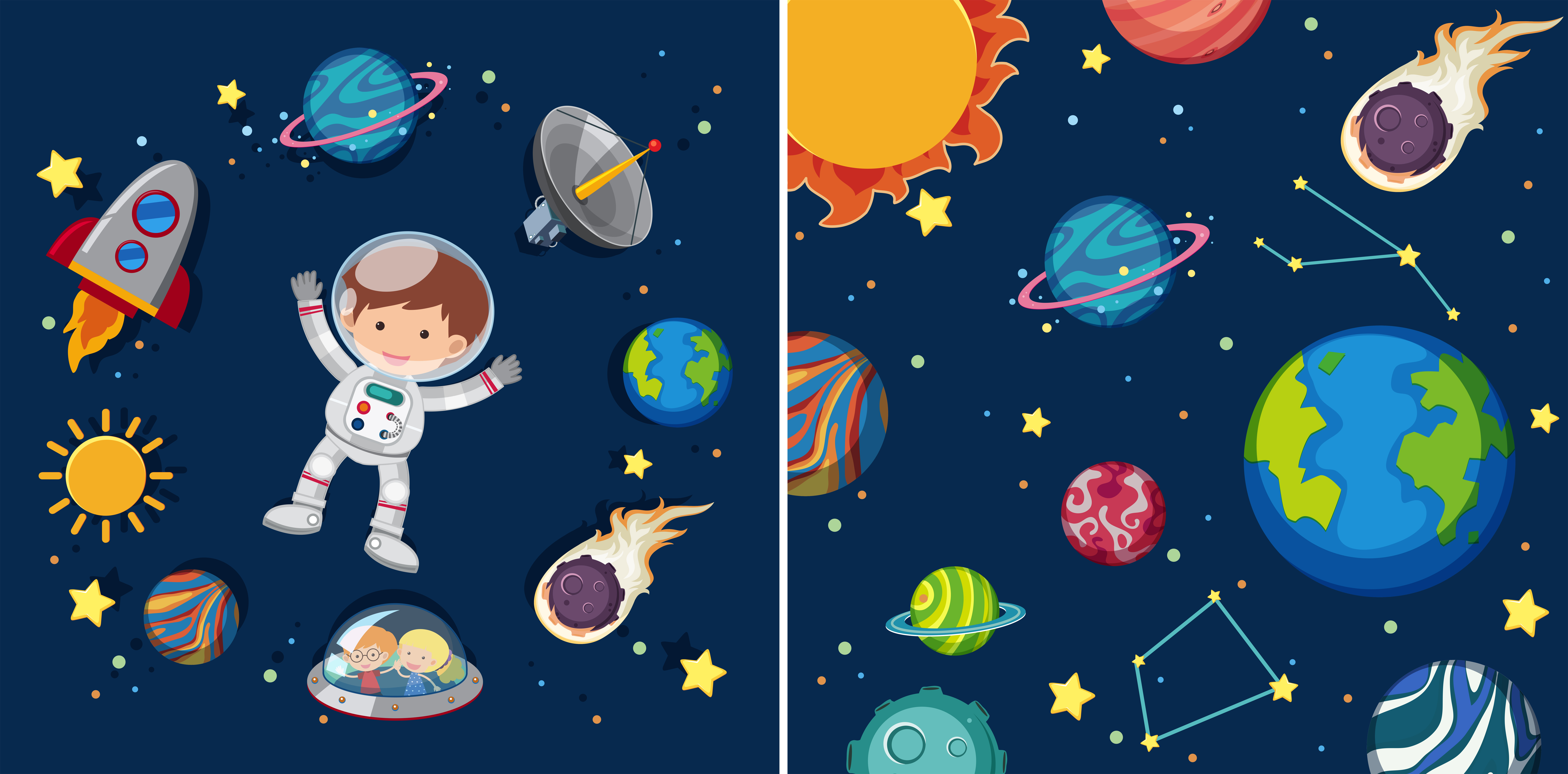 Two space scenes with and astronaut 605751 Vector Art at Vecteezy