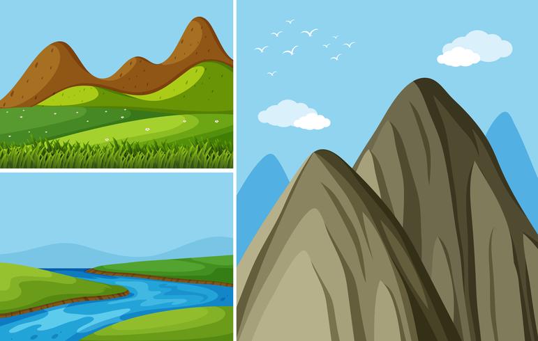 Tres escenas de montaña con río y campo. vector