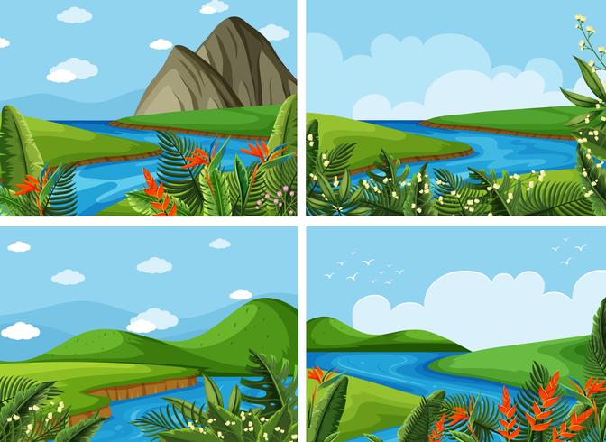 Four scenes of river and field vector