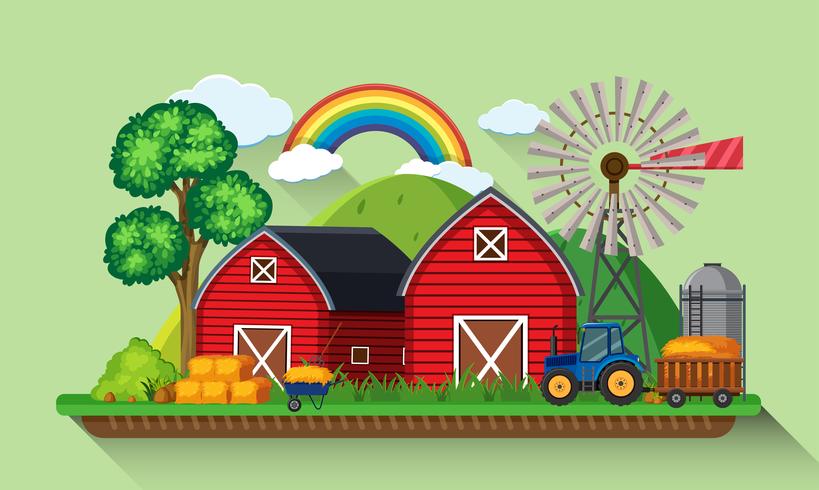 Two red barns and windmill in the farm vector