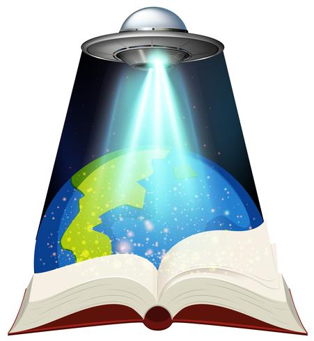 Sciene book with spaceship and earth vector