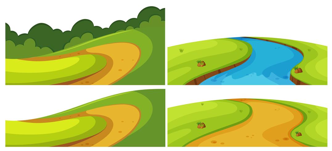 Diferentes caminos y río en el campo. vector