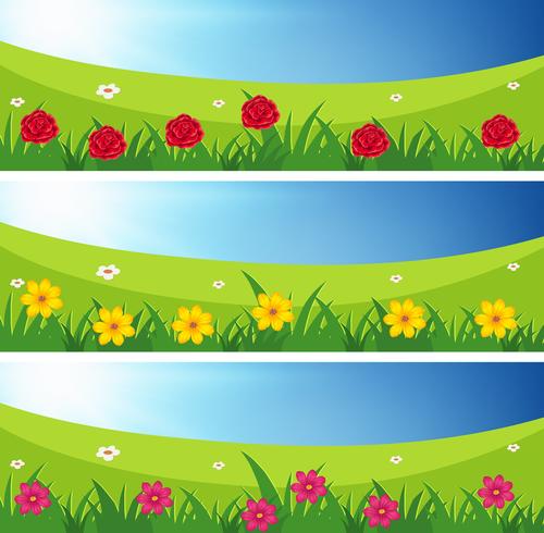 Three scenes of fields with flowers