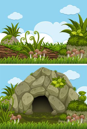 Two background scenes with cave and log vector