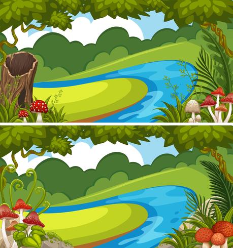 Dos escenas con río en el bosque. vector