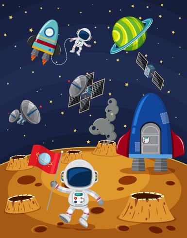 Space scene with astronauts and spaceships vector
