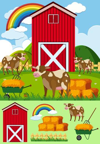 Cows and red barn in the farmyard vector