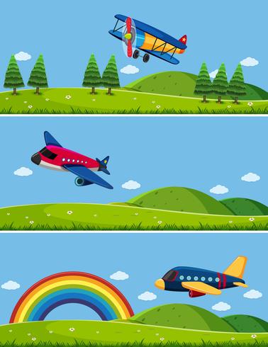 Three scenes with airplanes in sky vector