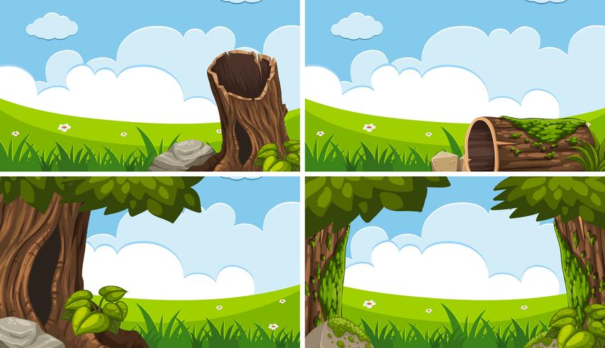 Four scenes with green field and blue sky vector