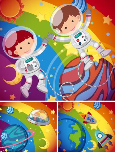 Astronautas volando en el cielo del arco iris vector
