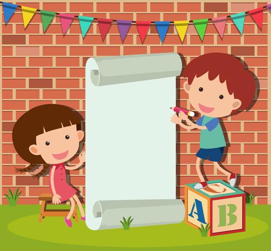 Plantilla de banner con niño y niña escribiendo vector