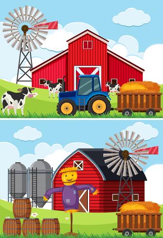 Two scenes with tractor and scarecrow in the farms vector