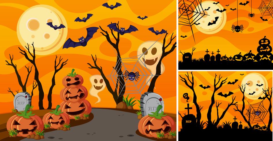 Three background with halloween night and jack-o-lanterns vector