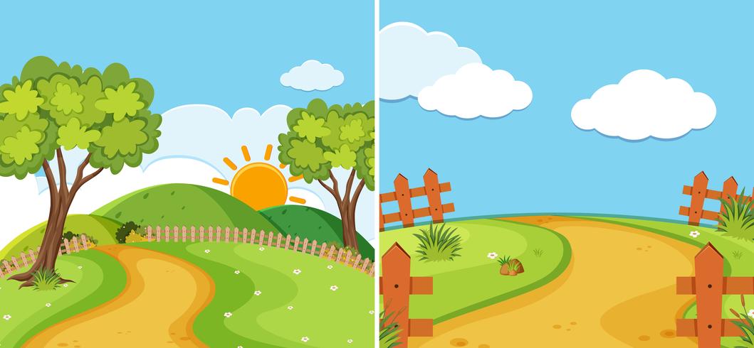 Dos escenas de campo con carretera y campo. vector